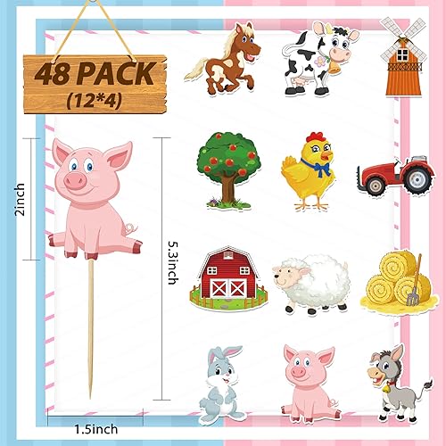 Miniatura 4 de Decoración para cupcakes de animales de granja, paquete de 48 unidades, decoración de pasteles para baby shower, niños, primera segunda granja,