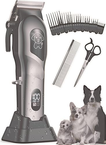 Kit de aseo para perros, cortapelos para perros para aseo para cabello grueso y grueso, recortador de pelo de mascotas inalámbrico de bajo ruido con