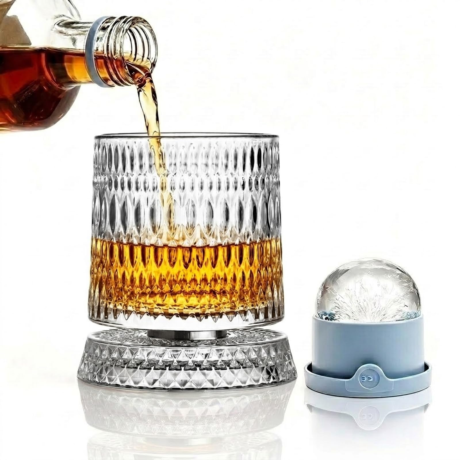 Bezvill Rotating Whiskey Glass with Large Ice Ball Mold, Single Spinning Crystal Bourbon & Old Fashioned Tumbler, 360° Kinetic Glassware for Home Bar, Unique Gifts for Men, Dad