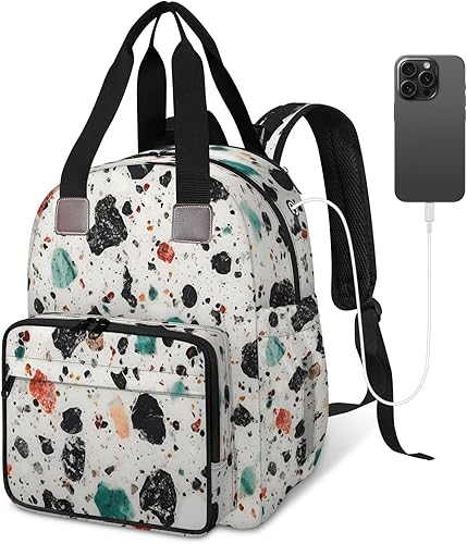 Miniatura 2 de Bolsa de pañales estilo terrazo mochila multifuncional para madre y bebé, compartimento térmico, puerto de carga USB, gran capacidad, organizador