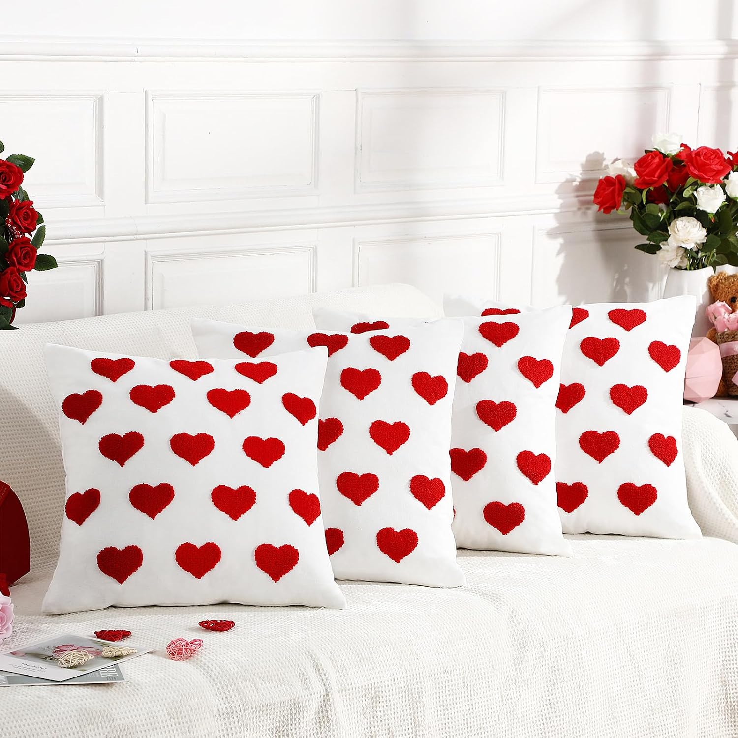 Colingmill 4 Pcs Valentines Heart Pillow Covers 18'' x 18'' Love Heart Pillow Cushion Case Valentine Decorative Cases Decoration for Sofa Home Decor(Romantic Color)