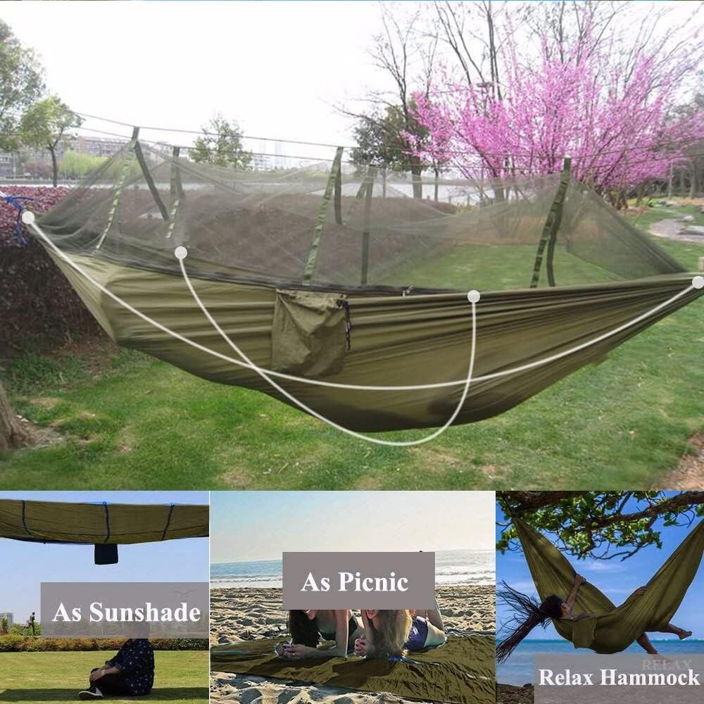 KEPEAK Camping Hammock with Net Netting, Single & Double Tree Hammock Net, Lightweight Nylon Portable Hammock for Backpacking, Camping, Travel, Beach, Yard Army Green