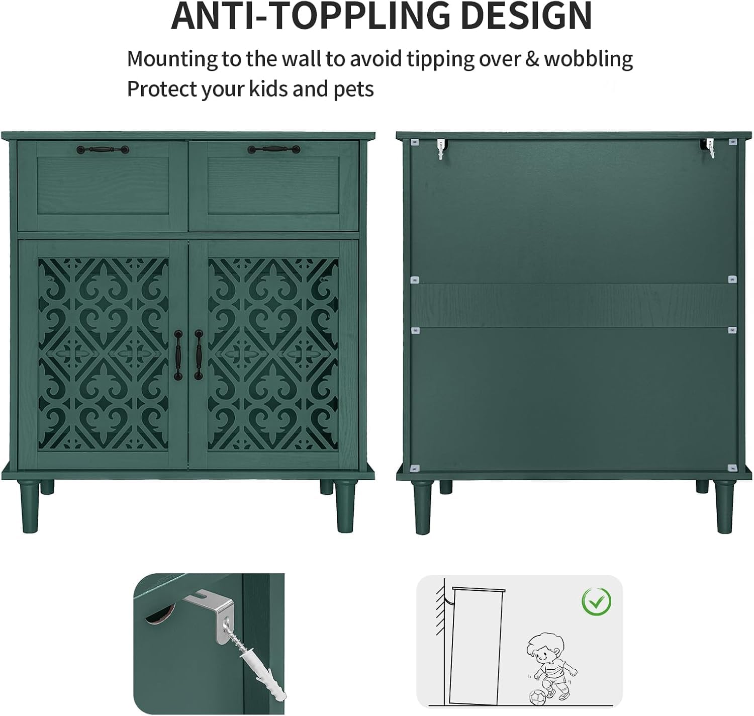 Green Buffet Sideboard Cabinet with 2 Doors 2 Drawers- Accent Cabinet with Adjustable Shelves，31.5 Inch Wide Wood Storage Cabinets for Dining Room,Living Room and Kitchen