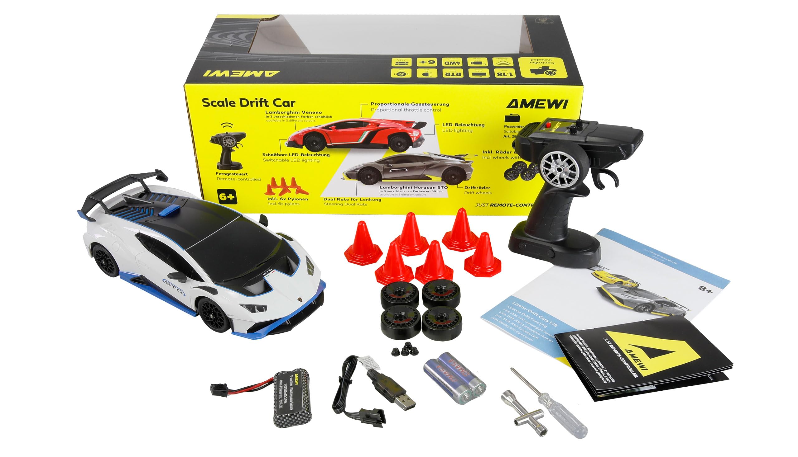 Amewi Lamborghini Huracan STO Drift Car 1:18 RTR - Coche teledirigido, Color Blanco