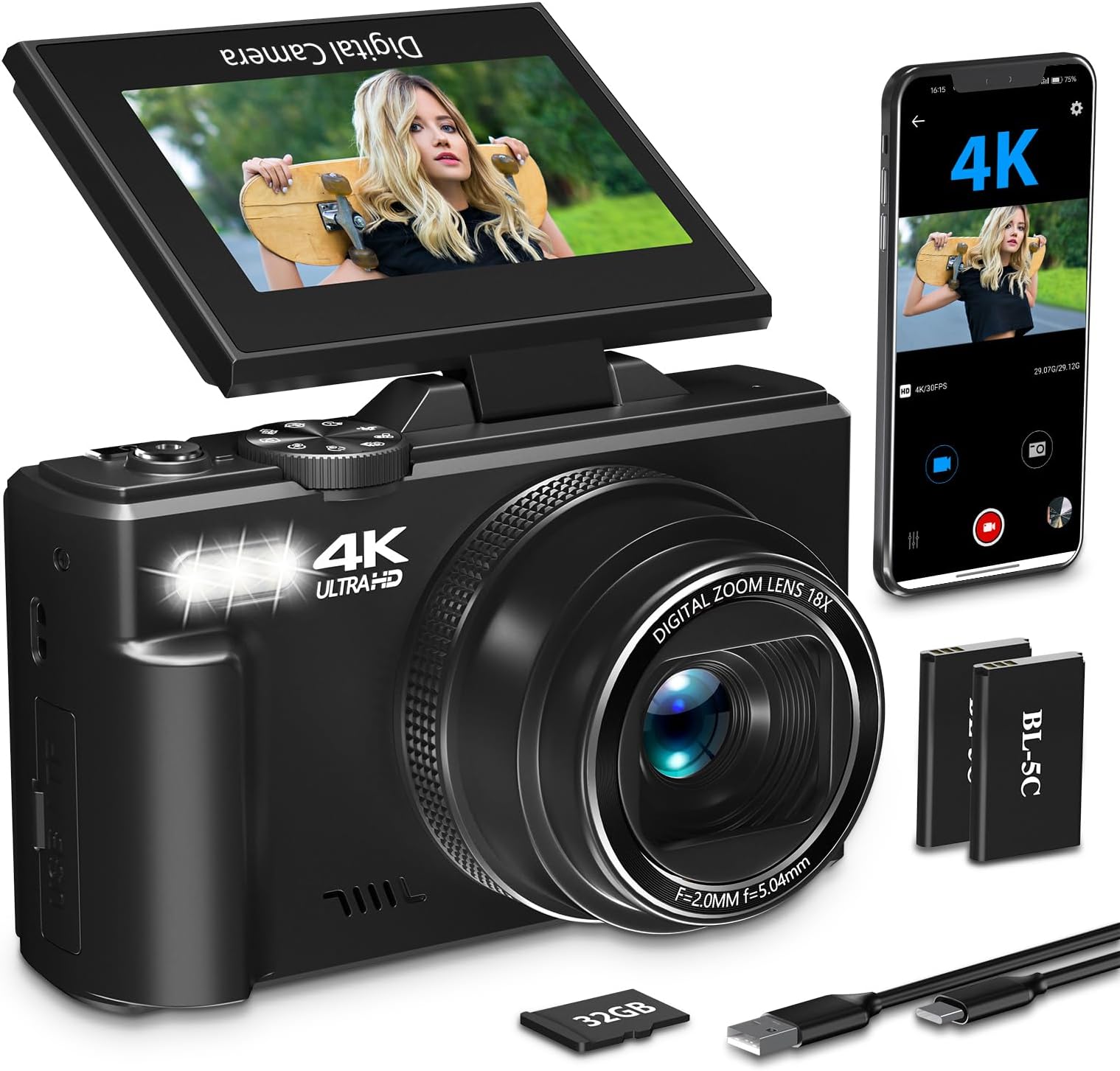 4K Digital Camera for Photography with 3" 180°Flip Screen,64MP Vlogging Camera for YouTube, HD WiFi Compact Camera with Flash, 18X Digital Zoom, 32GB TF Card & 2 Batteries（Black）