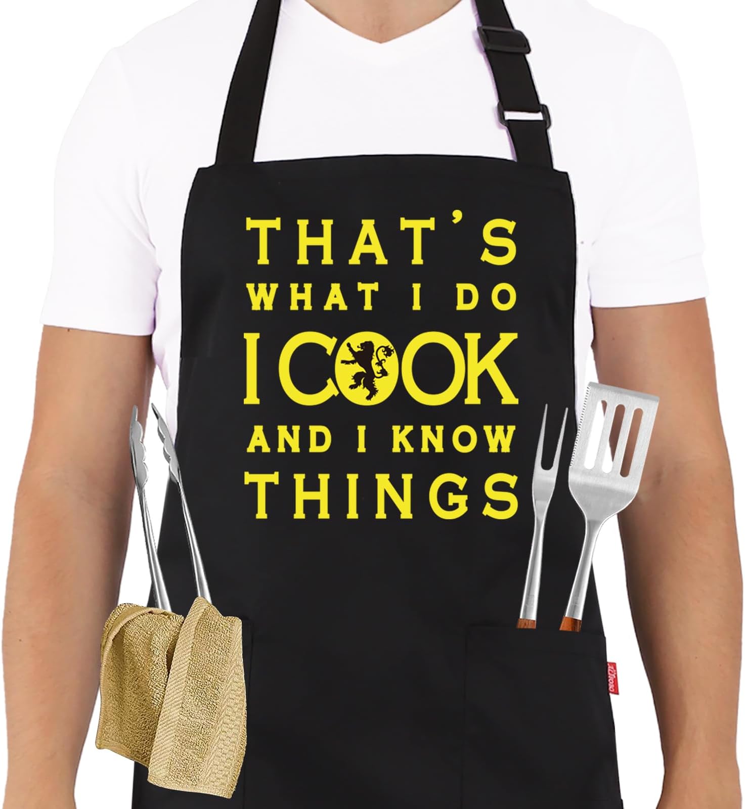 Funny BBQ Grill Aprons for Men - Men’s Adjustable Funny Chef Cooking Grilling Aprons with 2 Pockets and 40” Long Ties - Birthday Father’s Day Christmas Valentine’s Day Gifts for Dad, Husband