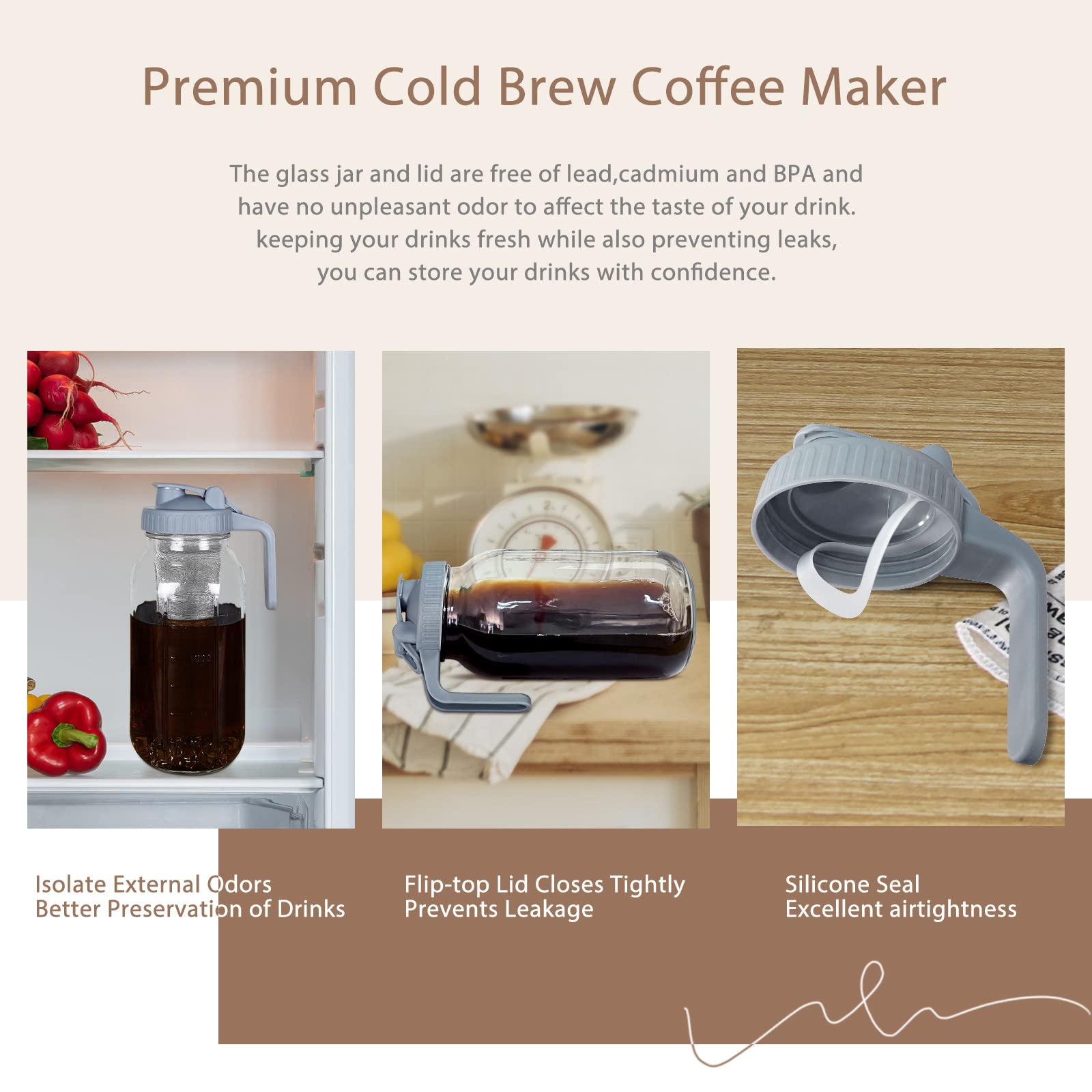 VA1KENE 64oz Cold Brew Coffee Maker - Mason Jar Pitcher With Lid and Spout,No Leaks Iced Coffee Maker With Stainless Steel Filter,Cold Brew Mason Jar for Coffee,Ice Tea,Lemonade and Cold Brew,(Grey)