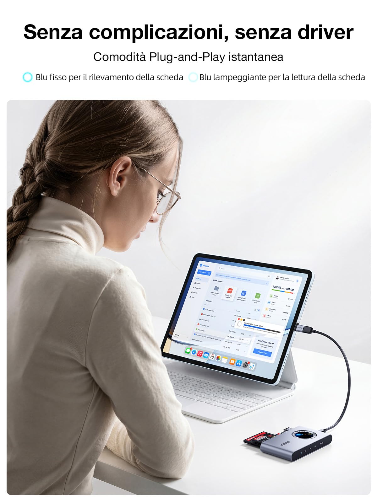 llano Lettore di Schede 5-in-1 USB-C per Micro-SD, Compatibile con SD/TF/MS/CF/M2, Plug & Play, Legge e Scrive 4 Schede Contemporaneamente, Compatibile con Windows/Linux/macOS/Chrome OS