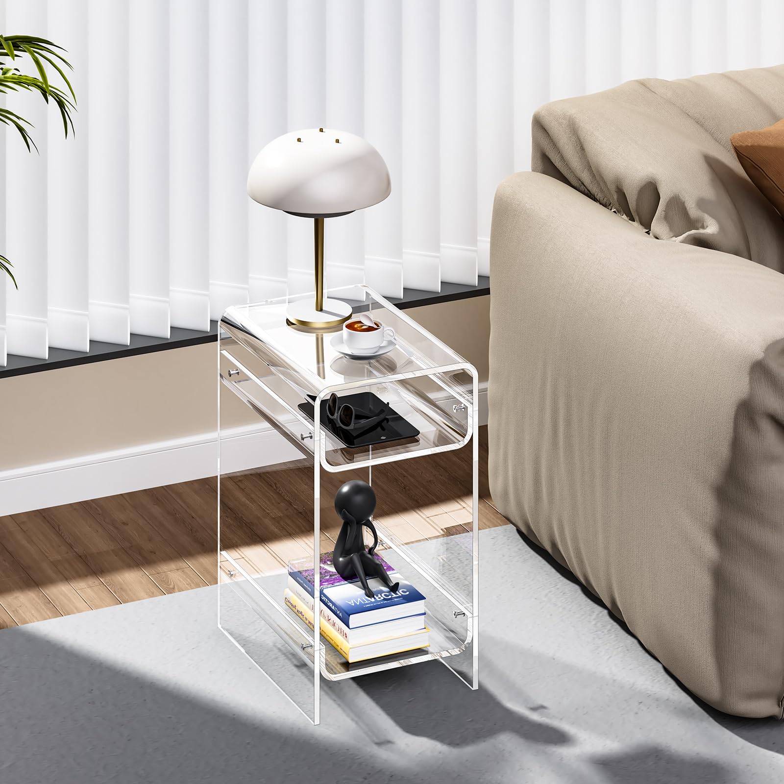 Beistelltisch aus transparentem Acryl, schmal, schmaler Beistelltisch für kleine Räume, schmaler Nachttisch, Nachttisch für Schlafzimmer, Wohnzimmer, Büro (transparent, breit)
