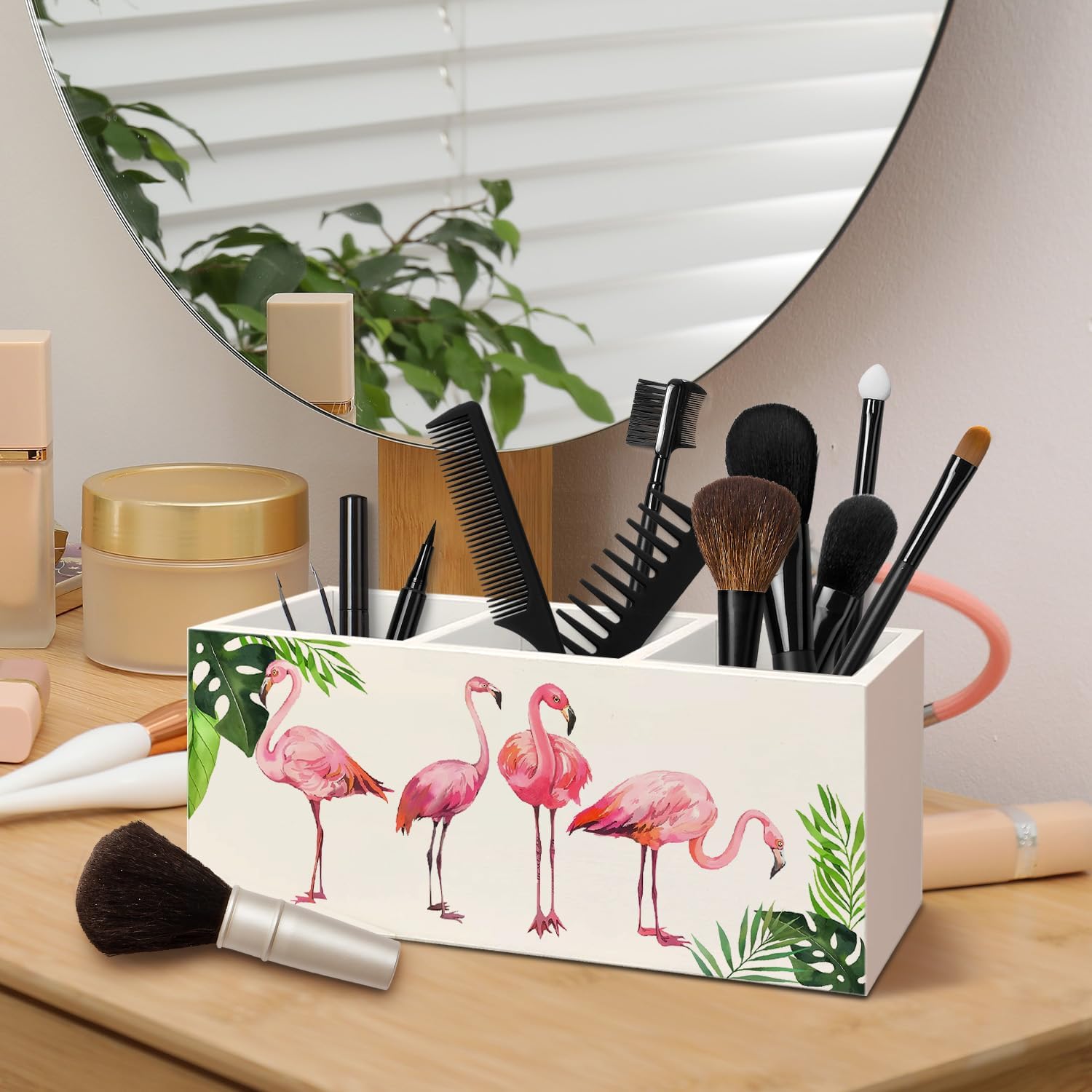 AQYIP トロピカルピンクフラミンゴウッドメイクアップブラシ歯ブラシホルダーオーガナイザー バニティバスルーム用 ピンクフラミンゴ