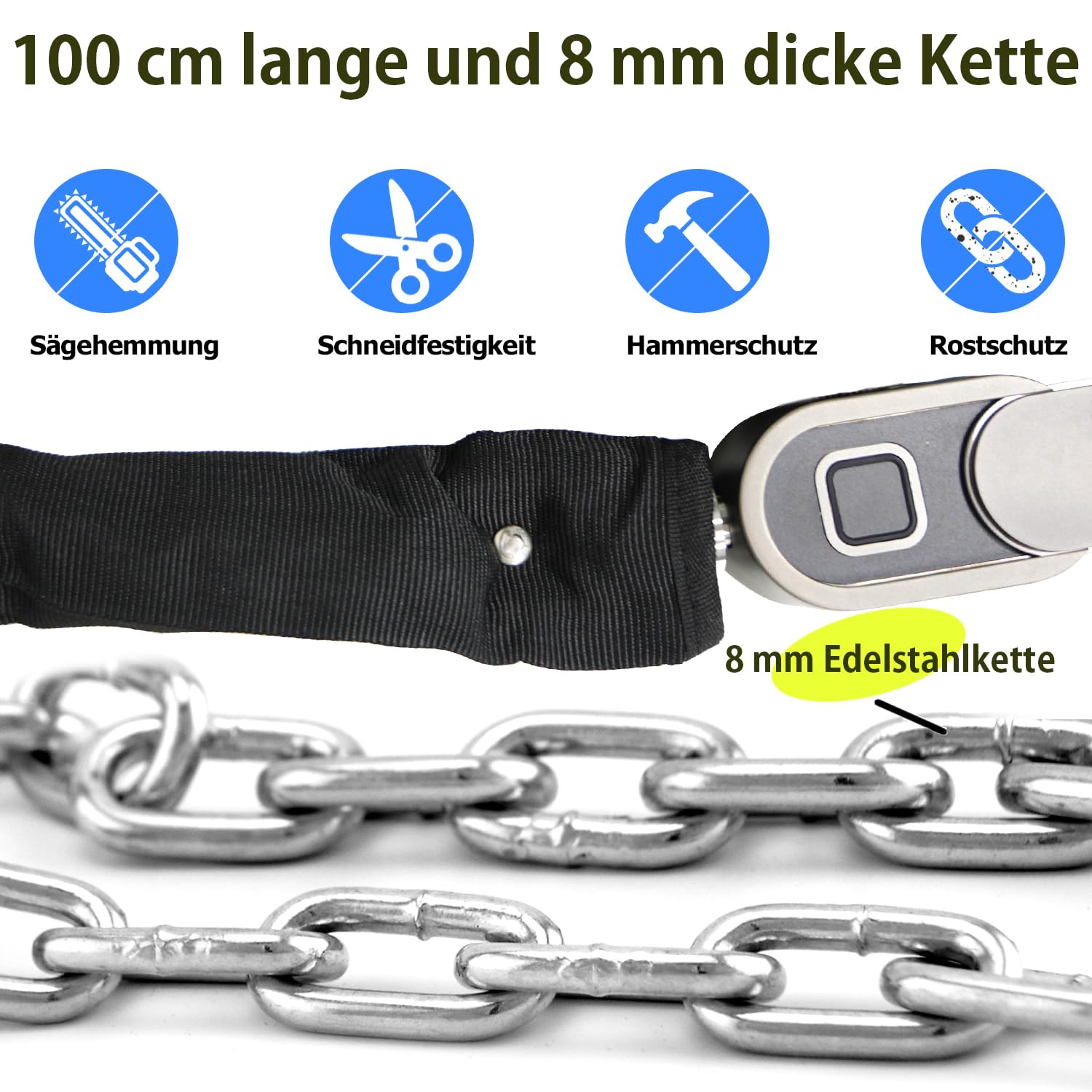 Candado de cadena para bicicleta con llave eLinkSmart impermeable Bluetooth App Bike Lock (100 cm de longitud 8 mm de diámetro) para bicicleta, scooter, moto, portón
