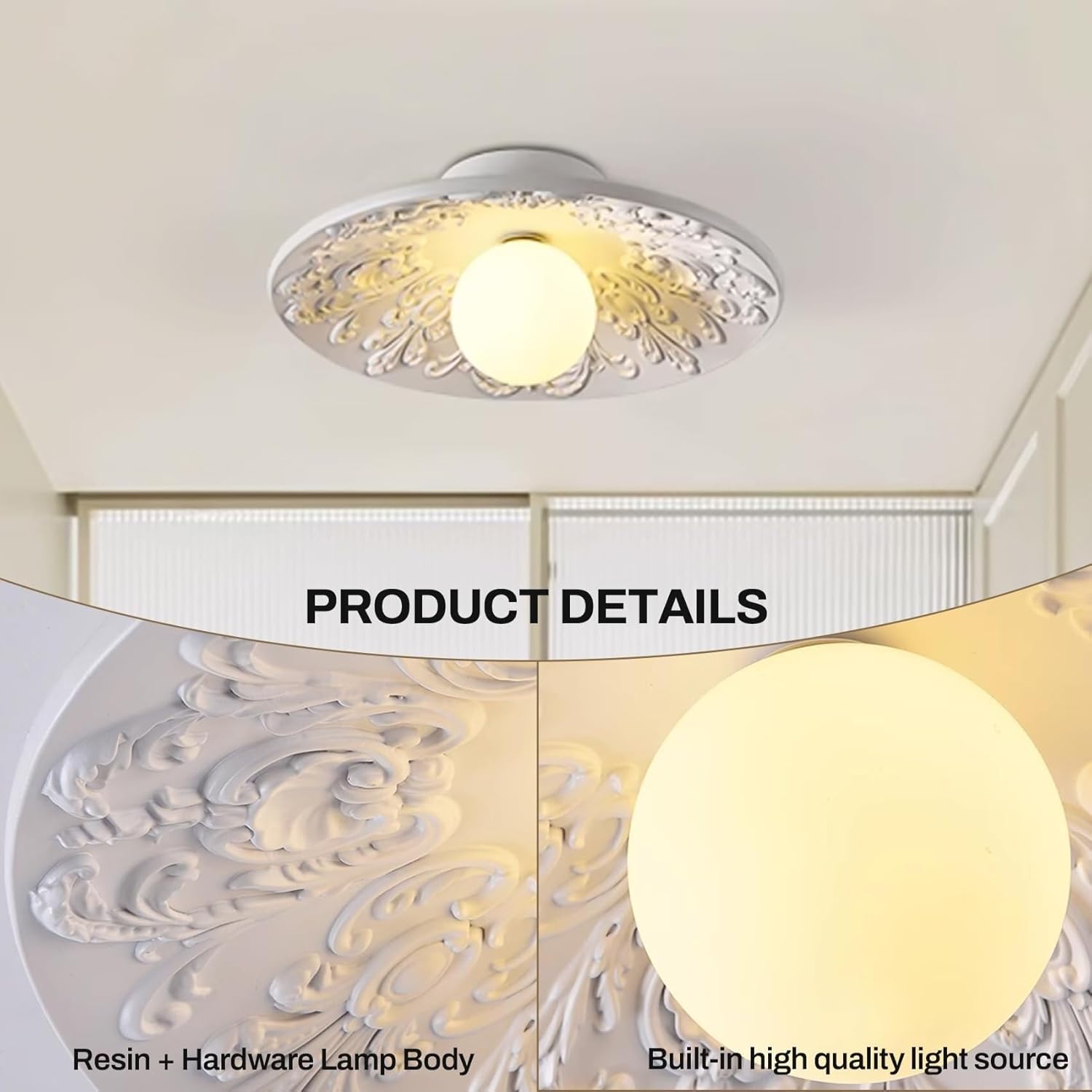 Vintage Carved Flower Ceiling Light White Luxury Style Ceiling Light Fixture with White Dome Resin Lampshade 3 Light Color Decorative Ceiling Lamp for Dining Living Room Hallway 13.77 Inch