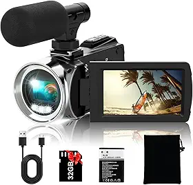 Câmera de vídeo FHD 4K 36MP Vlogging para gravador de vídeo do YouTube 3 polegadas com rotação de 270 graus, câmeras de vídeo para filmar com microfone, cartão SD de 32 GB (preto)