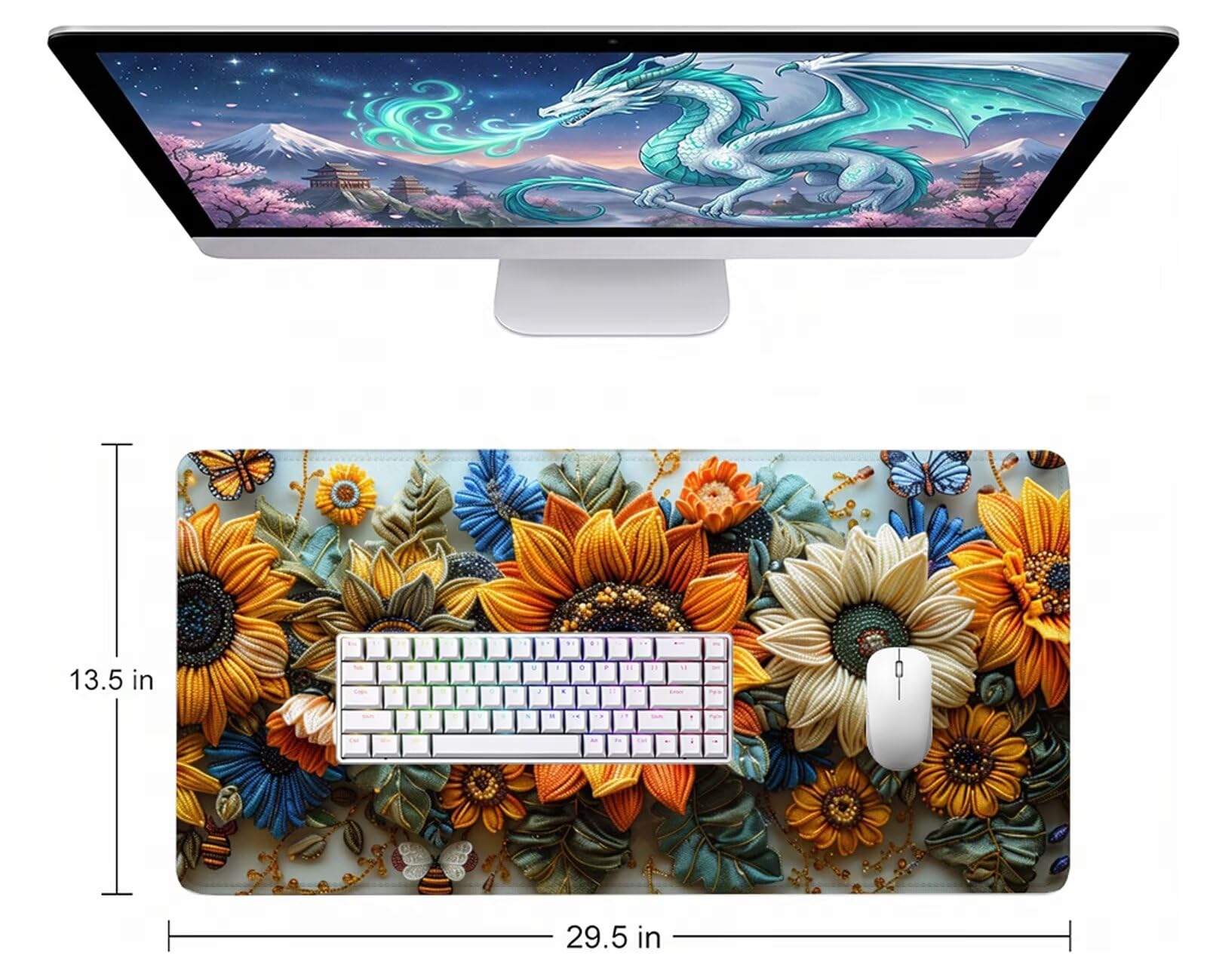Blanca Alfombrilla Ratón XXL 150x80 cm Mouse Pad Grande Gaming Girasol Alfombrilla Escritorio Antideslizante, Protector de Mesa para Ordenador y Teclado, Alfombrilla Gamer con Bordes Cosidos W6-87