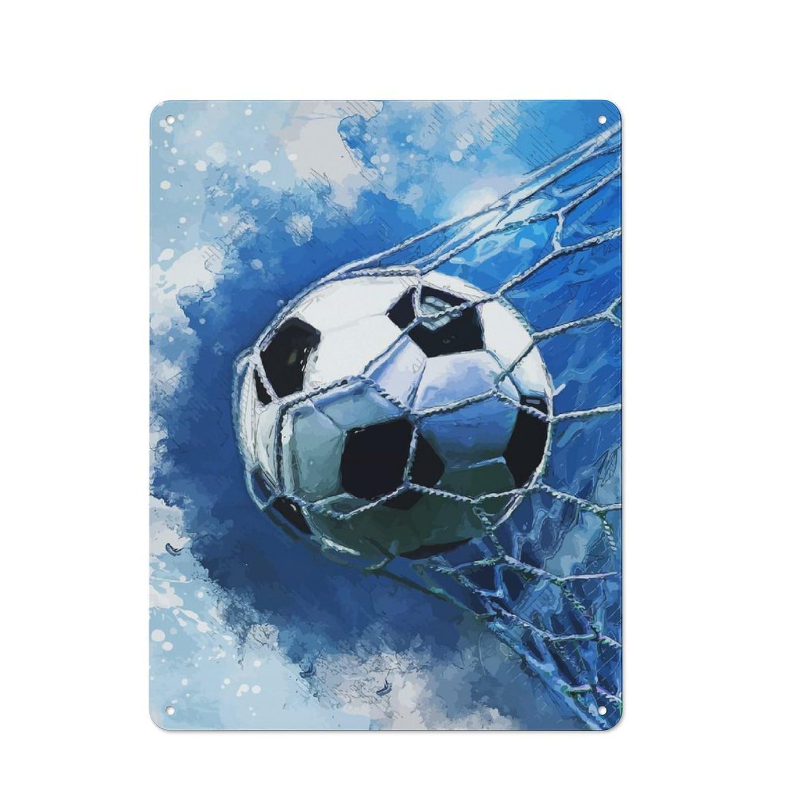 Understated Office Metal Sign 40x30cm Featuring Soccer Ball in Net, Blue Watercolor, Studio Wall Plaque for Office, Study, Studio Or Hallway