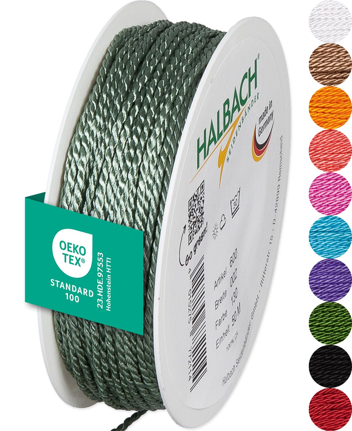 Halbach Seidenbänder Premium Kordel (Jade) | Breite 2mm Länge 50m | Made in Germany & Öko-Tex Zertifiziert | glänzende Satinkordel aus Acetat