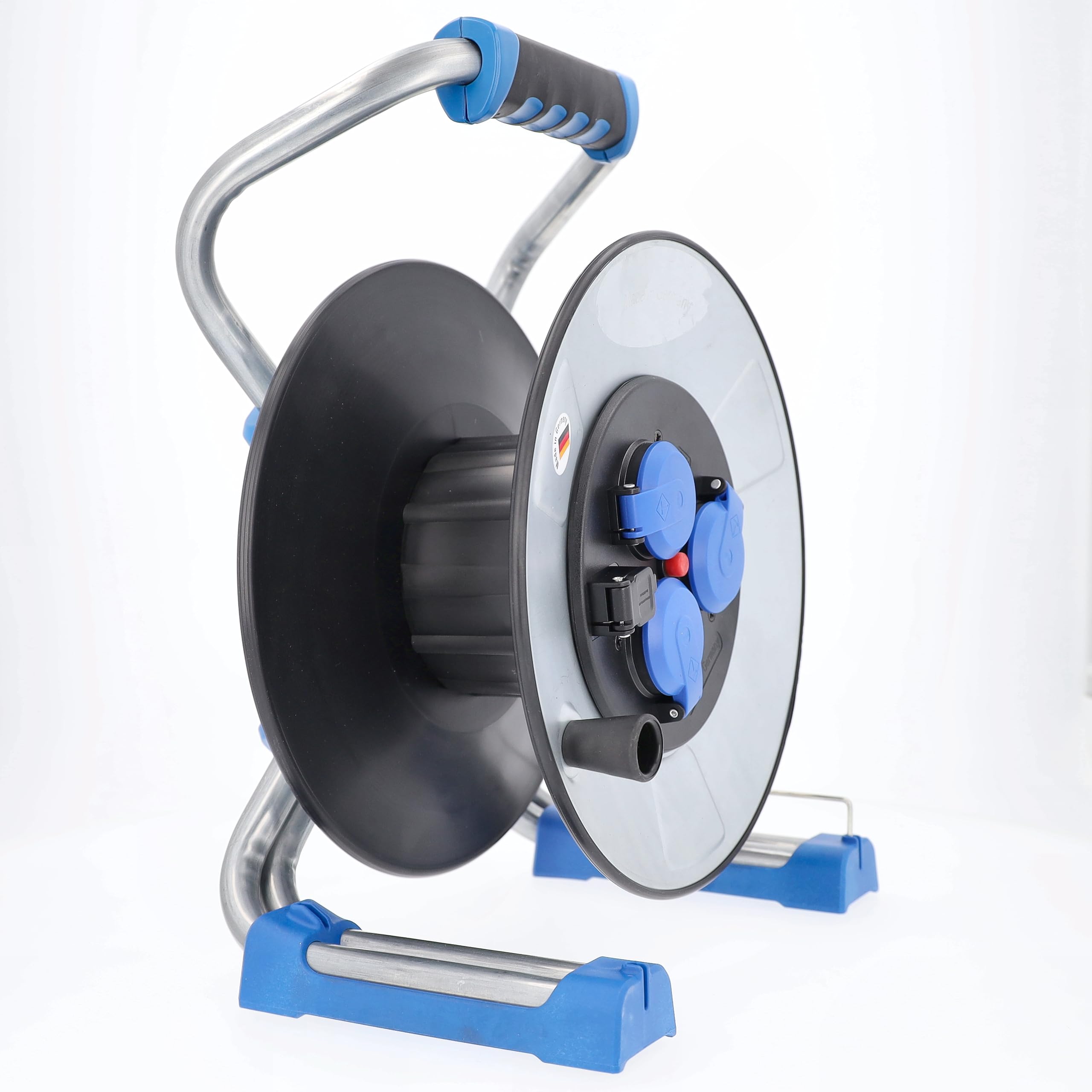 as ‑ Schwabe IronCoat Xperts carrete de cable vacío, para aprox. 50 m de cable, exterior IP44, 3 tomas de corriente con toma de tierra, USB, protección contra descargas eléctricas, Made in Germany