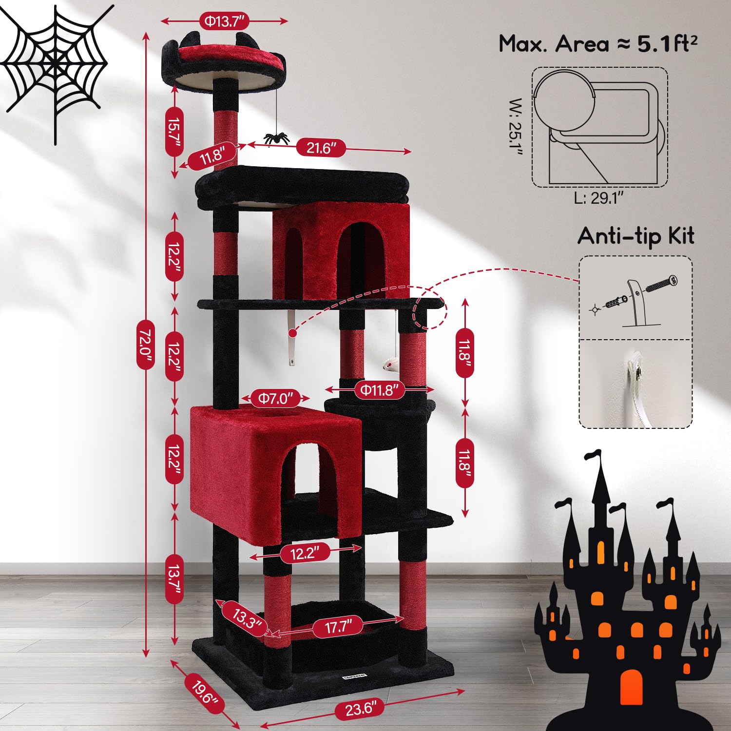 Globlazer Tiragraffi Gotico Nero Rosso, Albero per Gatti Alto 183 cm con Peluche Letto Bara Grotte Piattaforma Cesto, Classico Castello per Gatto Grandi Adulti Riposare Giocare Interno (S72, Gotico)