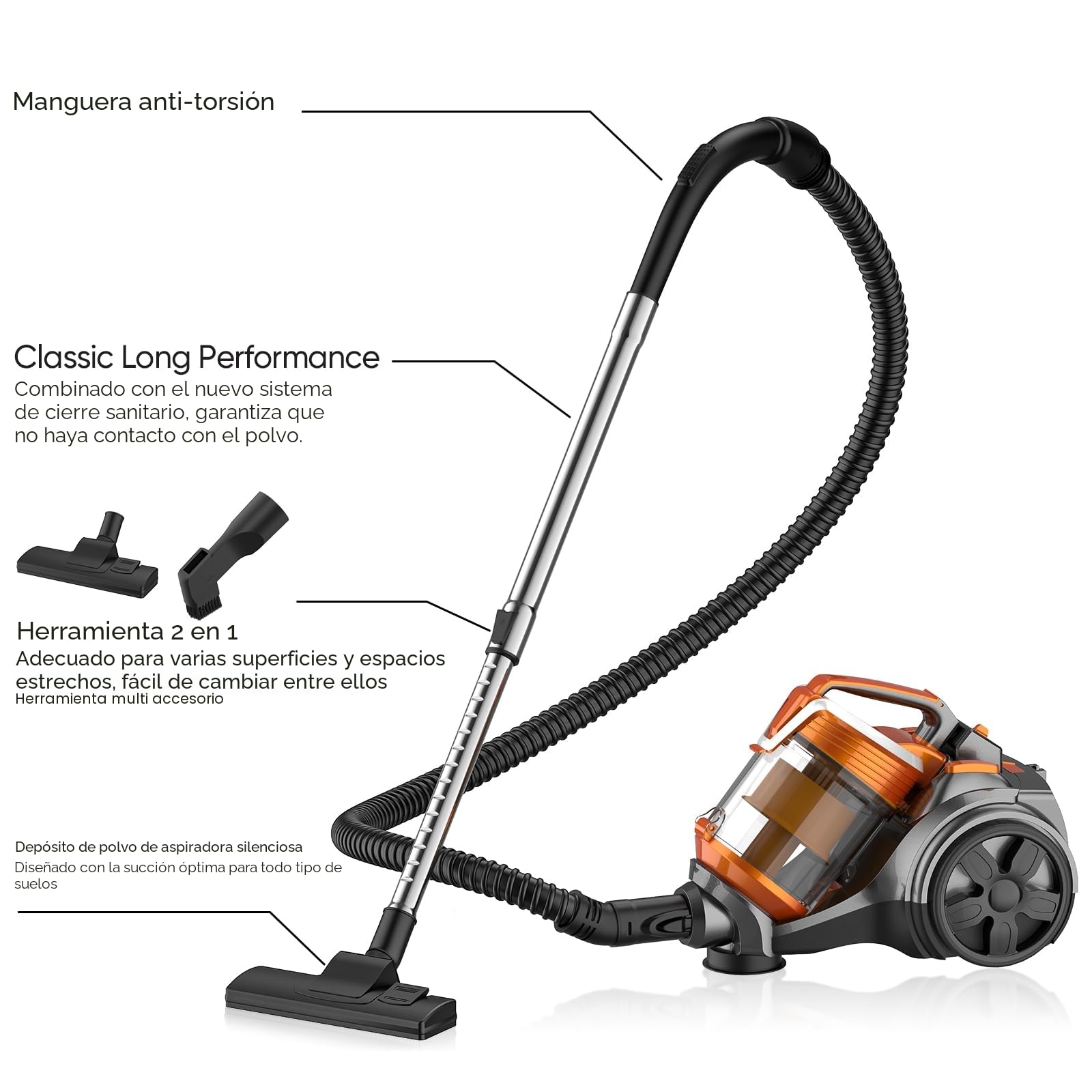 Aspirador sin bolsa, 3600W, potente aspirador 15000pa. Aspiradors potente con cable portátil, aspiradors con bolsa trineo silencioso, cable de 5 m, motor de bajo consumo, alfombras de pelo de (3.5L)