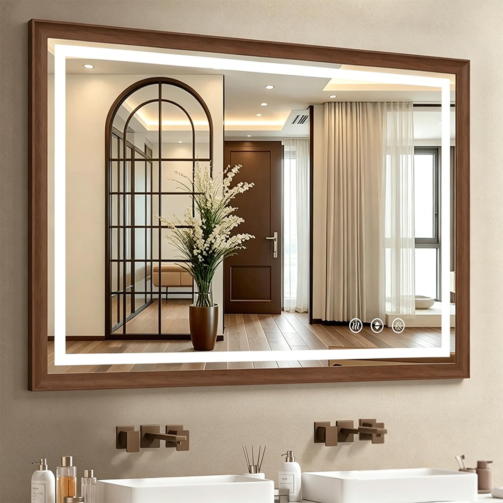 Miroir de salle de bain LED en bois massif réglable et incassable