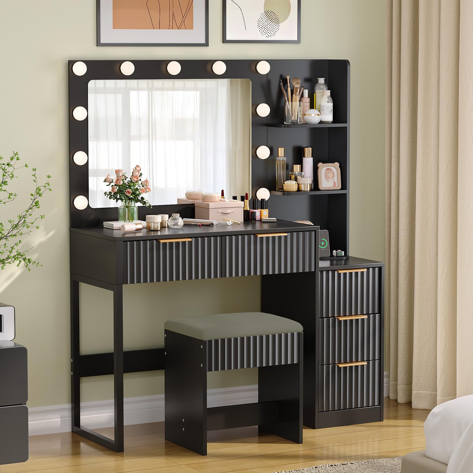 small dressing table black Amazon.com: VINGLI Fluted Makeup Vanity Desk with Mirror & Lights & Power  Outlet, Small Vanity Table w/ 5 Drawers & 2 Storage Shelves,Black Modern Dressing  Table Set Charging Station for Bedroom :