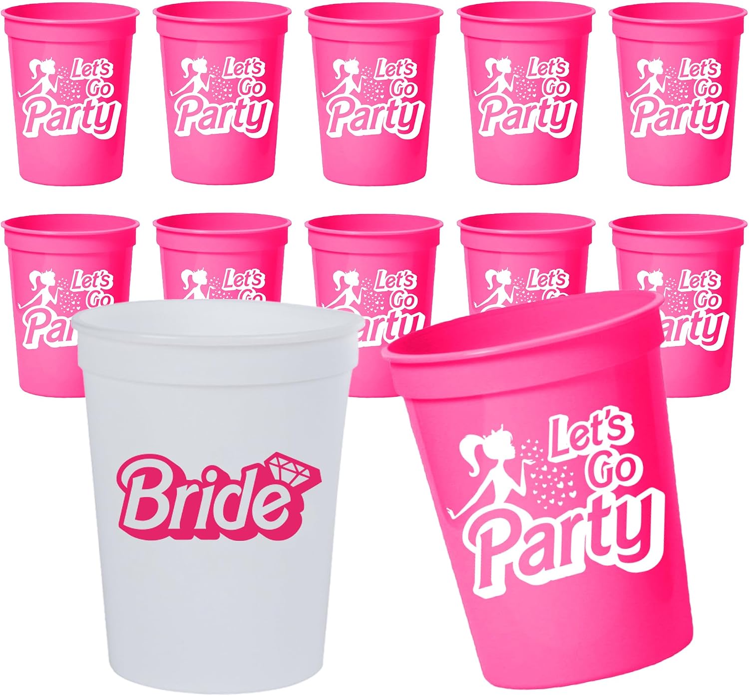 Let's Go Party Bachelorette Cups, Set of 12-16oz Pink Reusable Cups with 1 Bride Cup and 11 Party Cups for Girls' Night or Weekend