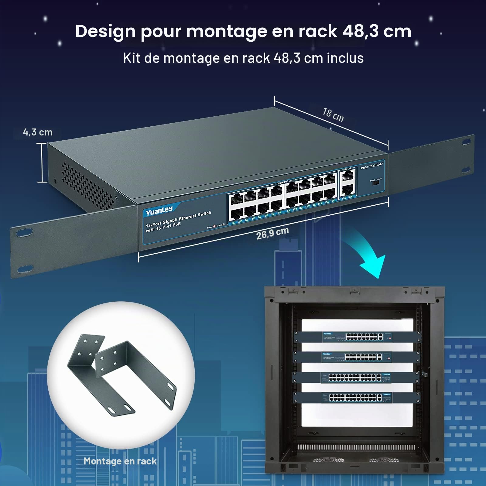 YuanLey 18 Ports Gigabit Switch PoE , 16 Ports PoE + 1000 Mbps, 2 Gigabit Uplink, 250W 802.3af/at, Bureau/Rack en Métal, Réseau Plug and Play Non géré Switch
