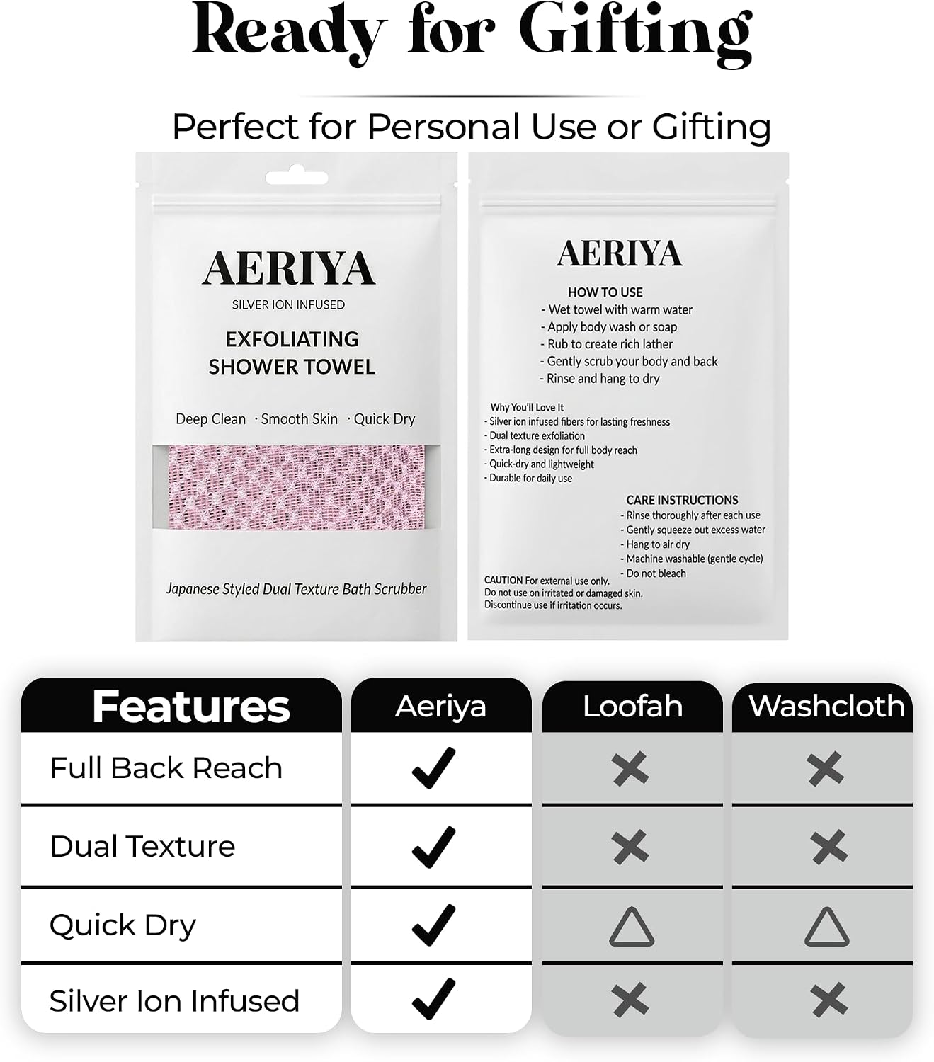 Exfoliating Washcloth – Long Japanese-Style Back Scrubber for Shower, 2-Sided Body Scrub Exfoliating Towel, Quick Dry Bath Cloth for Women, Pink