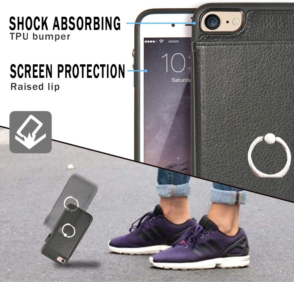 LAMEEKU Zipper Wallet Case for iPhone SE 2nd Generation/7/8, Ring Holder Finger Kickstand Case, Leather Card Holder Slot with 360° Rotation Metal Grip Money Pocket, for iPhone 7/8/SE 4.7'' - Black