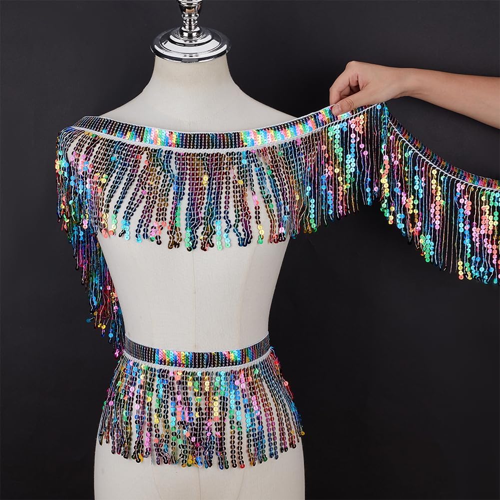 FINGERINSPIRE 10 Yards Sequins Fringe Trim 9.4inch Wide Sequin Tassel Fringe Trim Colorful Sequin Tassels Sewing Trim for DIY Craft Latin Dress Clothing Embellishment Costumes Garment Curtain Decor