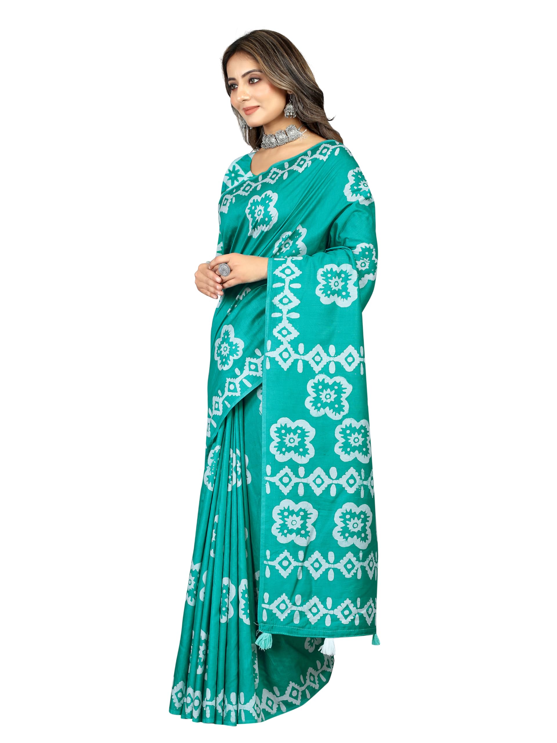 AMOUS Women's Hand Wax Batik Printed Cotton Pure Mulmul Saree With Blouse Piece