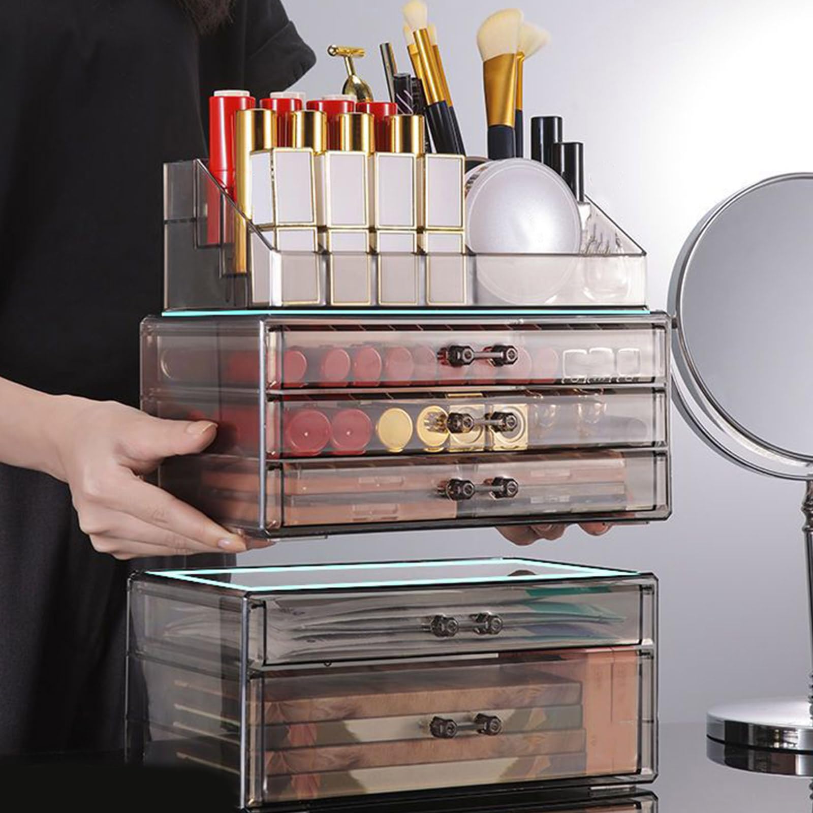 Przezroczysta akrylowa biżuteria i makijaż - akcesoria damskie etui do przechowywania blatów łazienkowych i toaletkowych - elegancki design stylowy wyświetlacz