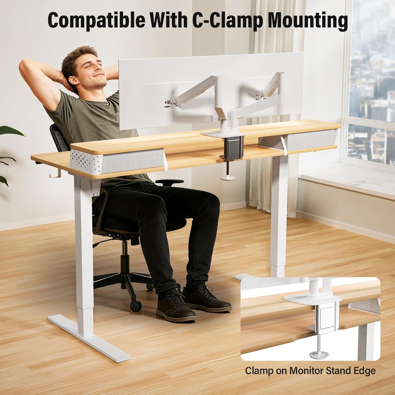 Kingant 35 x 20 Inch Small Electric Standing Desk with Dual Drawers, Height Adjustable Sit to Stand Computer Desk with Storage Shelf and C-Clamp Mount Compatibility for Home Office, Nature