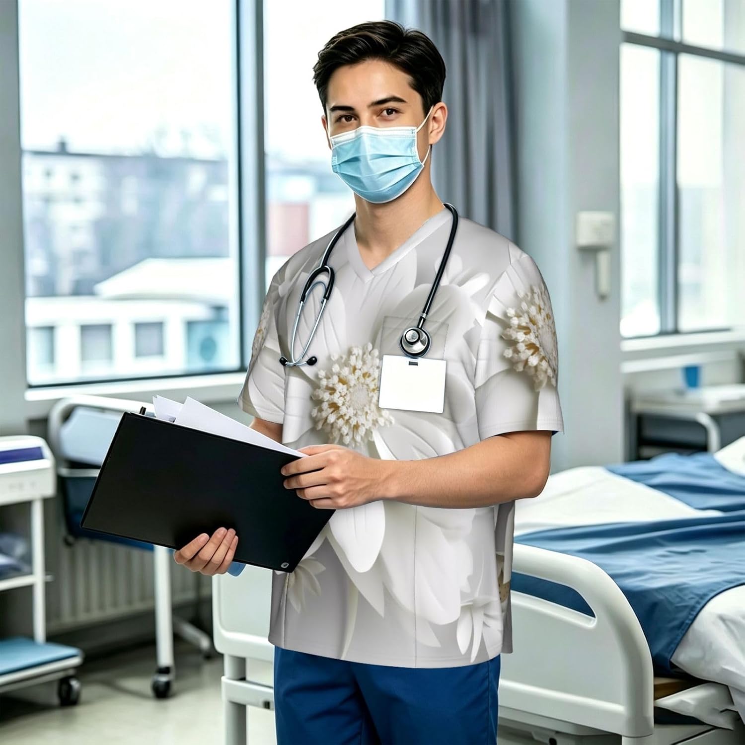 Professional Scrub Tops for Men, Classic V-Neck Workwear with 3 Pockets