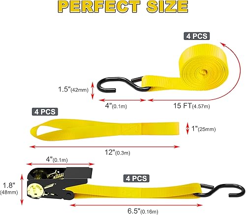 Miniatura 2 de Correas de trinquete, resistencia a la rotura de 1500 libras, juego de correas de amarre premium de 4 x 15 pies, 4 bucles suaves para dispositivos