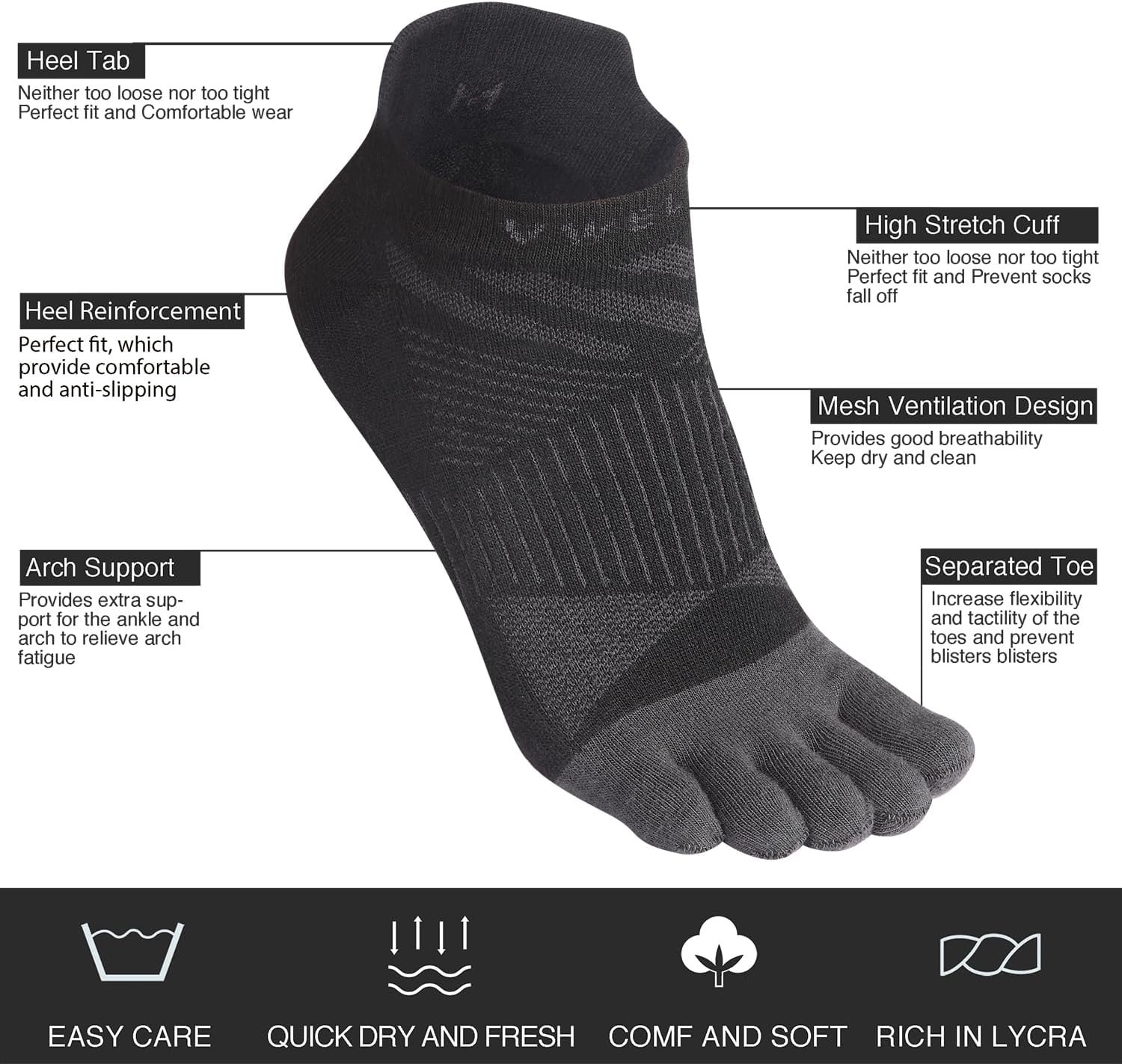 VWELL Toe Socks for Men Women COOLMAX Five Finger Socks Athletic Ankle Toe socks Breathable Moisture Wicking (3Pairs) - Image 4