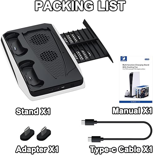 Miniatura 7 de Soporte negro para PS5 con ventilador de refrigeración y estación de carga de controlador doble, soporte de carga para PS5, accesorios para PS5,