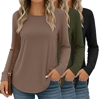 Sponsored Ad - Huukeay 3 Pack Womens Long Sleeve Shirts Crewneck Loose Fit Tops Casual Curved Hem Tees Basic Fall Shirts