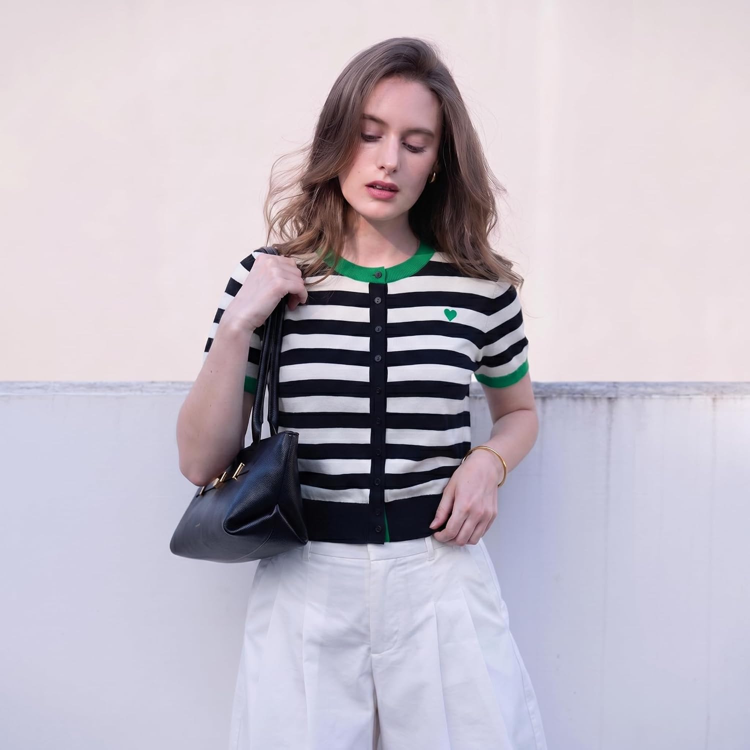 GOELIA Women Striped Short Sleeve Cardigan Crew Neck Button Front Knit Top for Office Casual Wedding Guest Garden Party