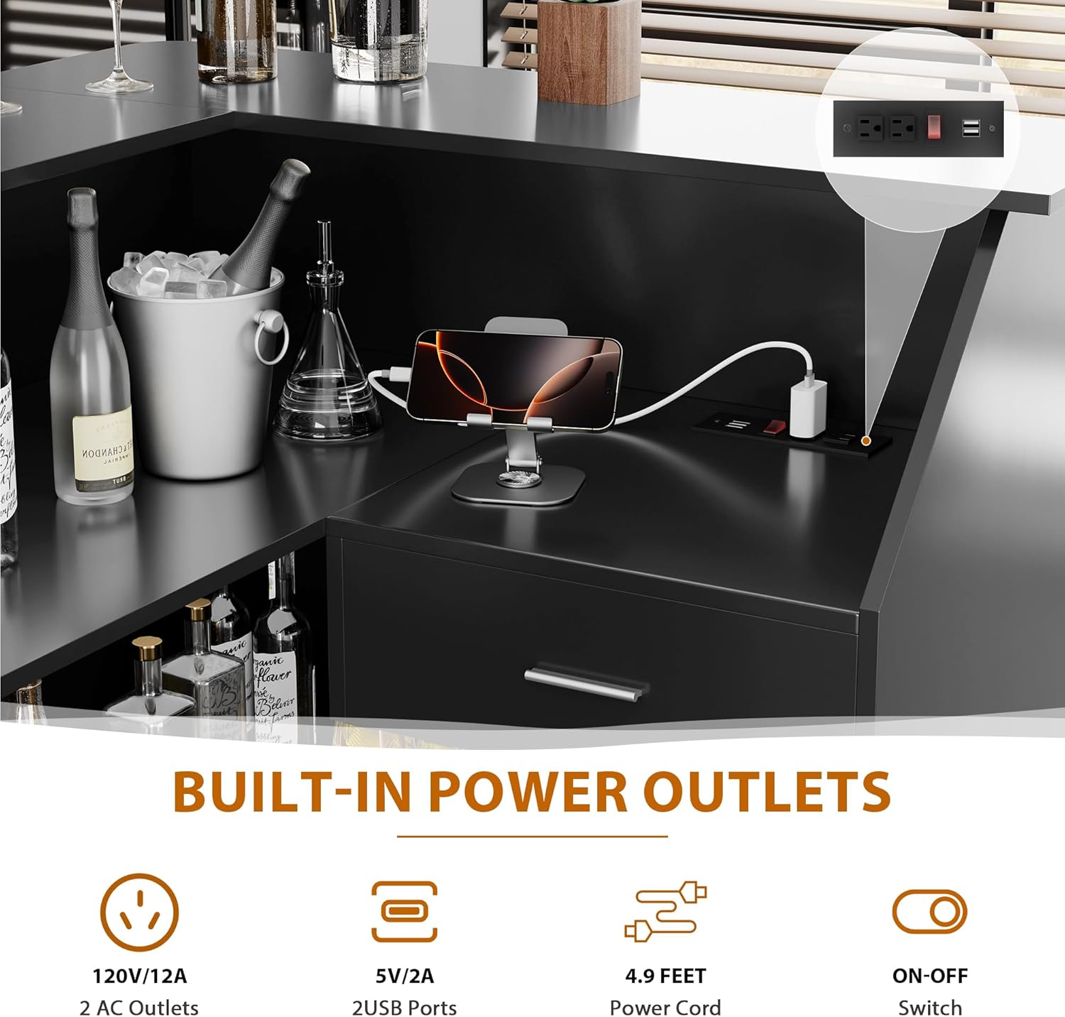 L-Shaped Home Bar Unit with Power Outlet, 4-Tier Corner Liquor Bar Cabinet with Storage Shelves, Drawer, Wine Glasses Holder, Wine Cabinet Reception Desk for Home Pub (L-Shape without Fridge Space)