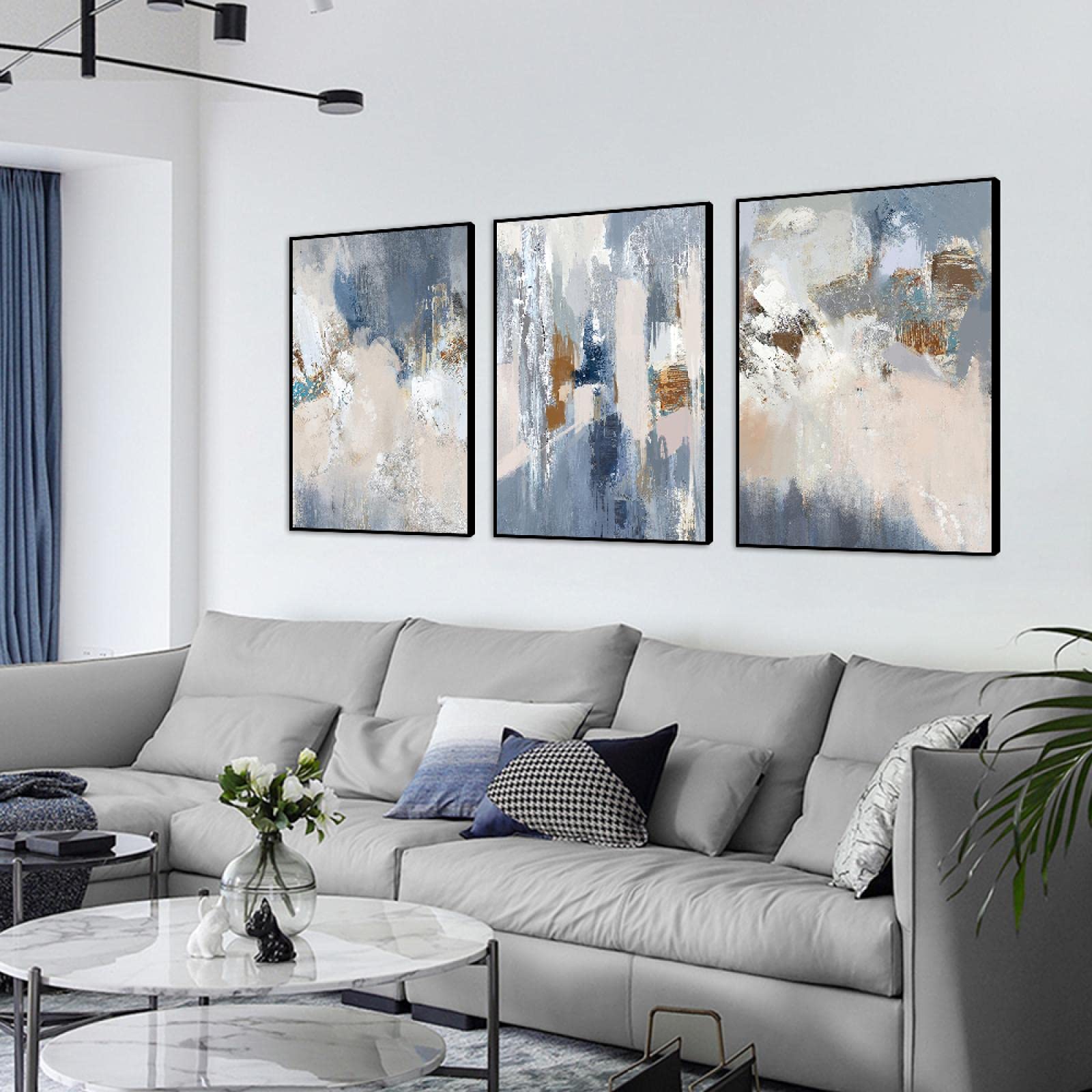 Tableau de salon abstrait bleu et doré triptyque chic - 8