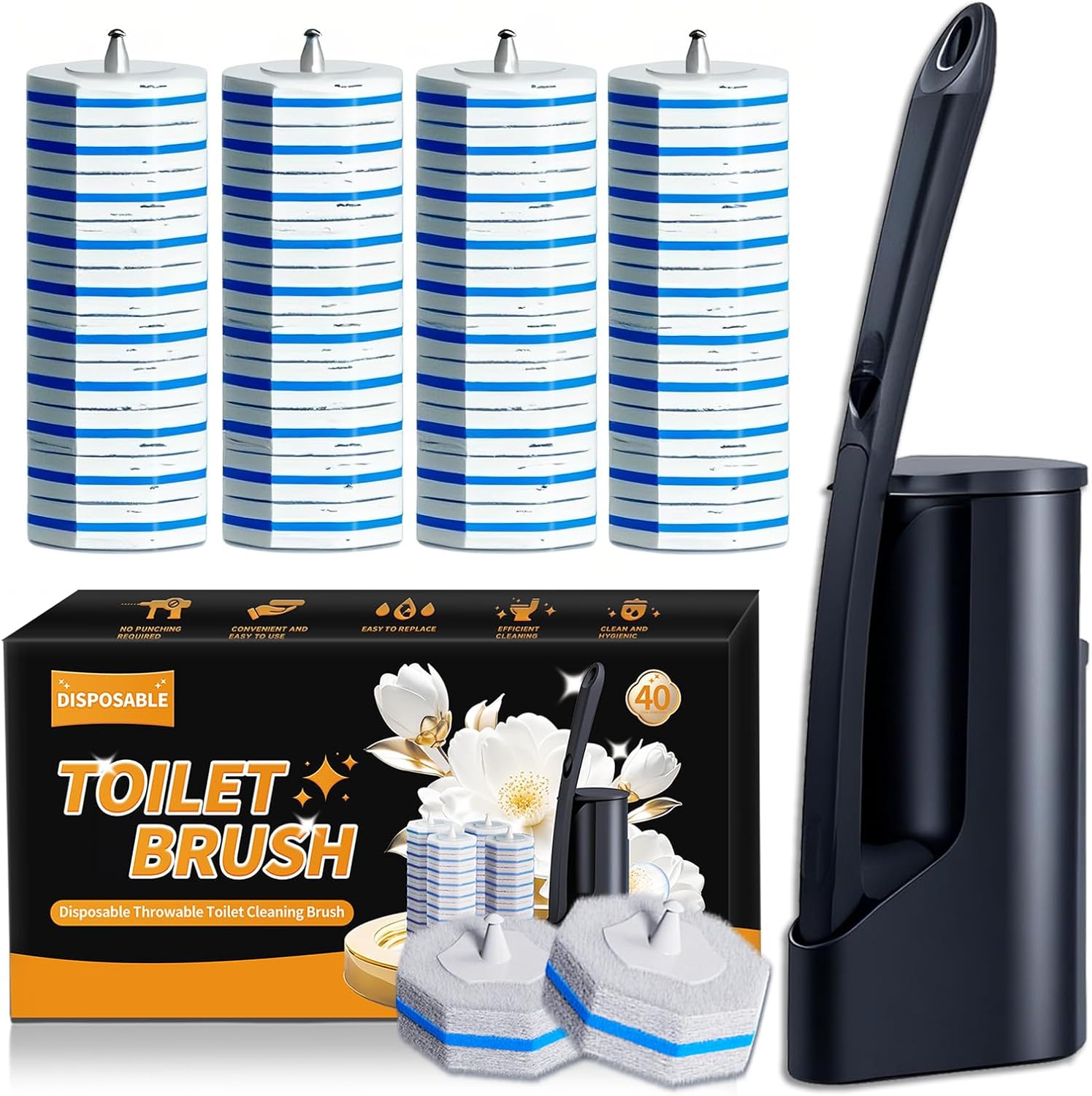 Disposable Toilet Brush - Toilet Bowl Cleaner, Toilet Cleaning Supplies, Toilet Brush with Holder, Toilet Bowl Cleaner Wands，40 Refills for Toilet Cleaning and Hygienic Bathroom Maintenance