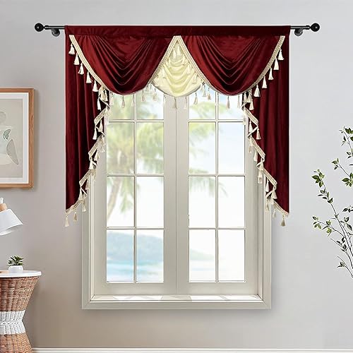 Gxi Cenefa de cortina marrón oscuro beige para ventanas de cocina cenefas de terciopelo en cascada cortinas de ventana para sala de estar bolsillo