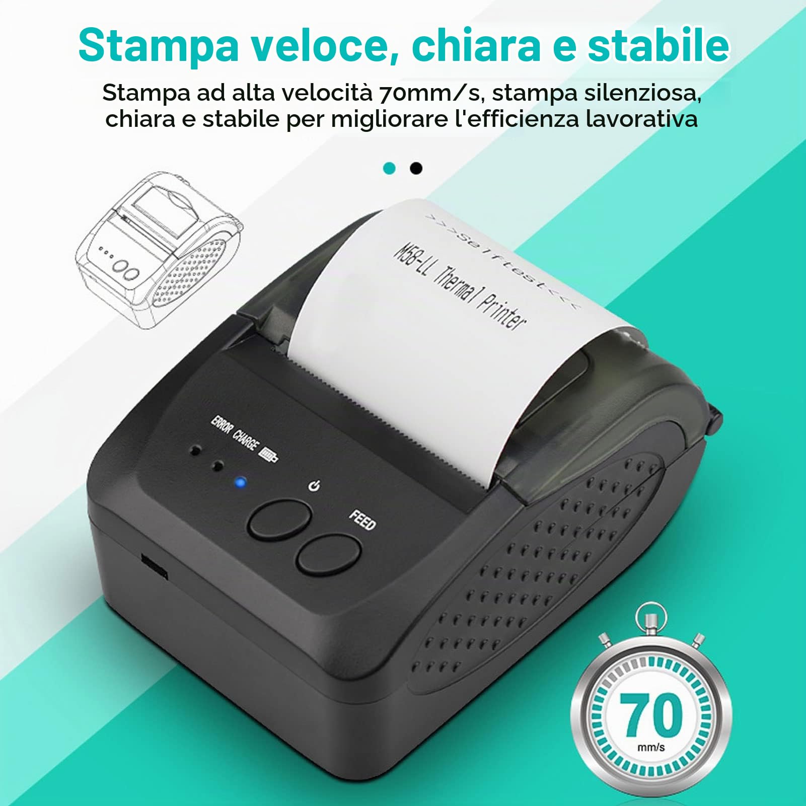 Stampante per Ricevute Bluetooth, POS-5809DD Mini Stampante per Ricevute POS Wireless da 58 Mm Stampante Termica Portatile da 90 Mm/s per Casa, Ufficio, Negozio, Compatibile con (Spina UE)