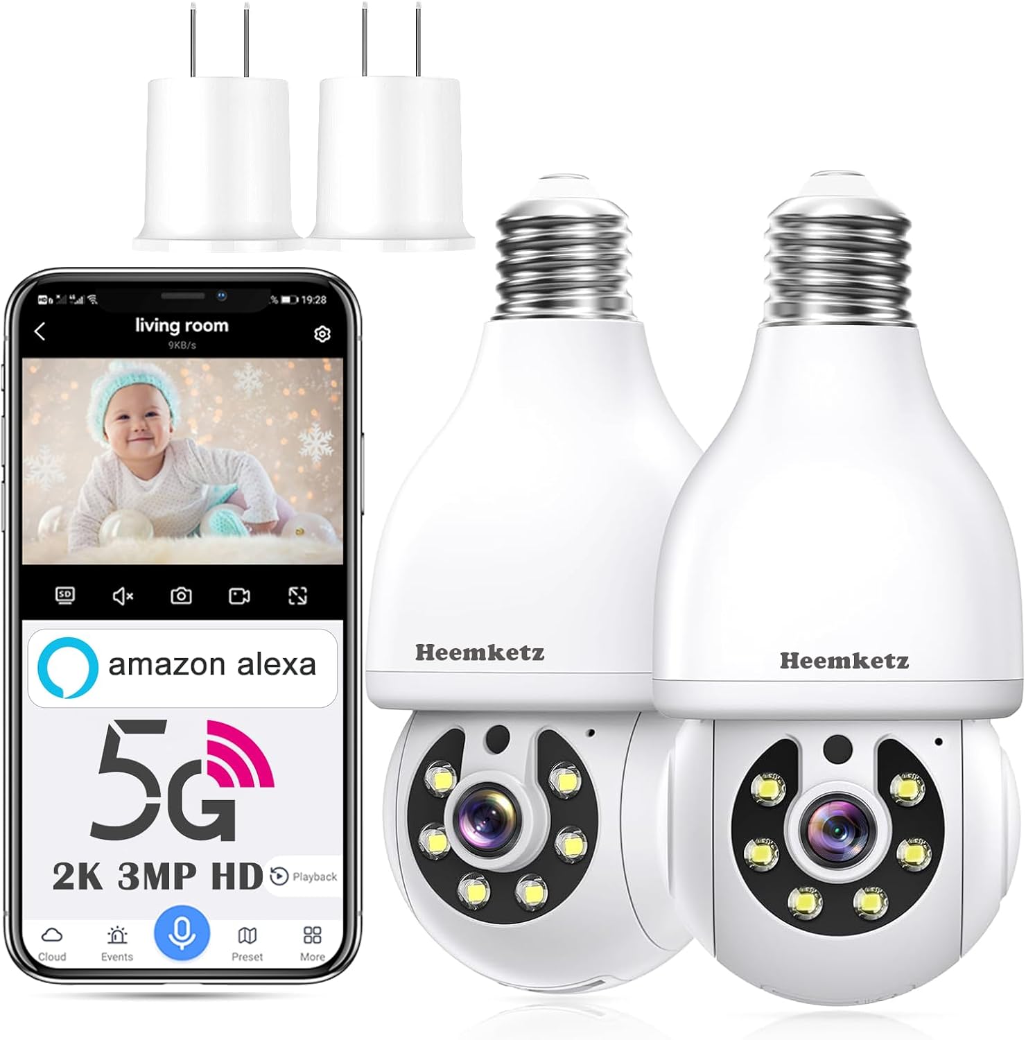 2K Light Bulb Security Camera,5G&2.4GHz WiFi 360° Motion Tracking, Color Night Vision, Alexa Compatible, Wireless WiFi Security Camera with Two-Way Audio, SD/Cloud Storage and Smart Alerts 3MP
