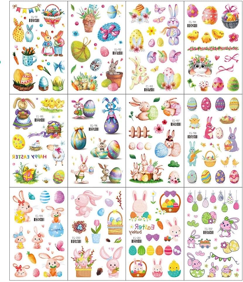 12 Sheets Glitter Easter Cartoon Cute Waterproof Bunny Egg Tattoo Stickers For Kids