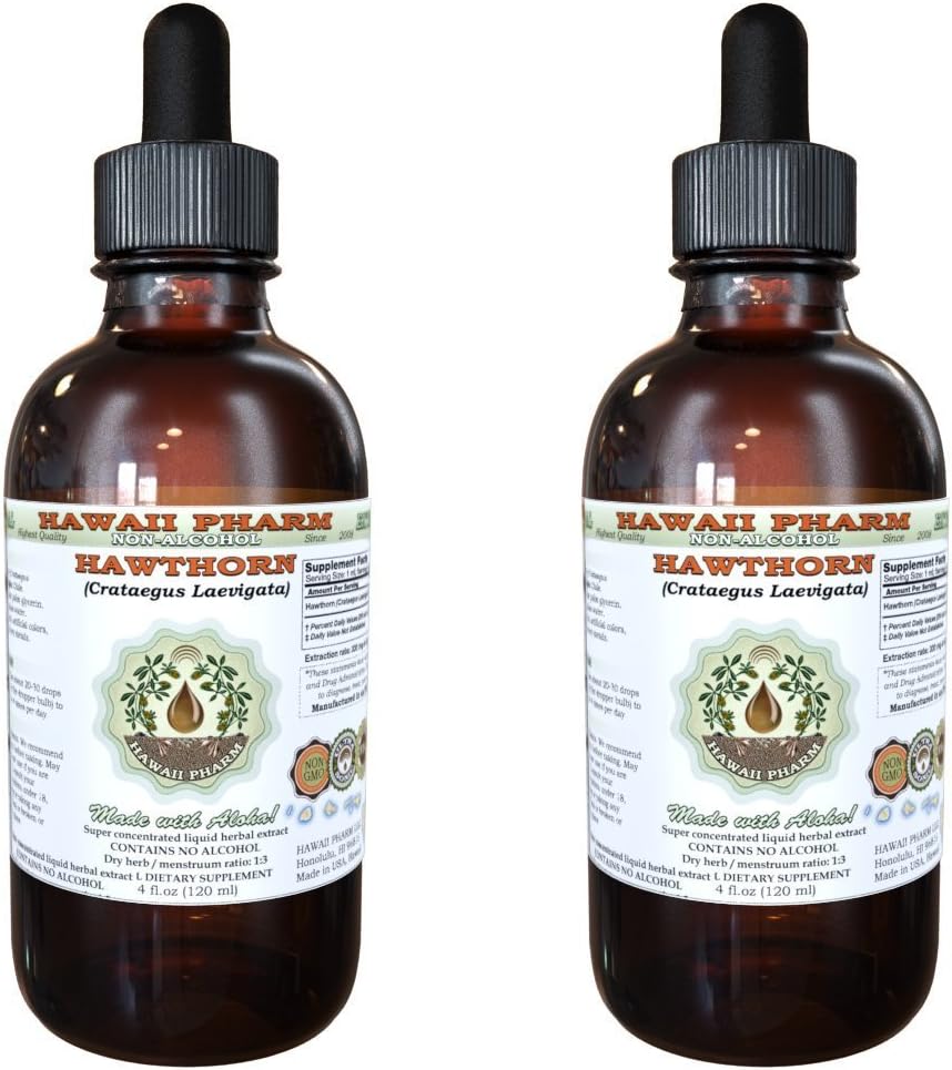 Hawaii Pharm Hawthorn Alcohol-Free Liquid Extract, Hawthorn (Crataegus Laevigata) Dried Leaf and Flower Glycerite Natural Herbal Supplement 2x2 oz