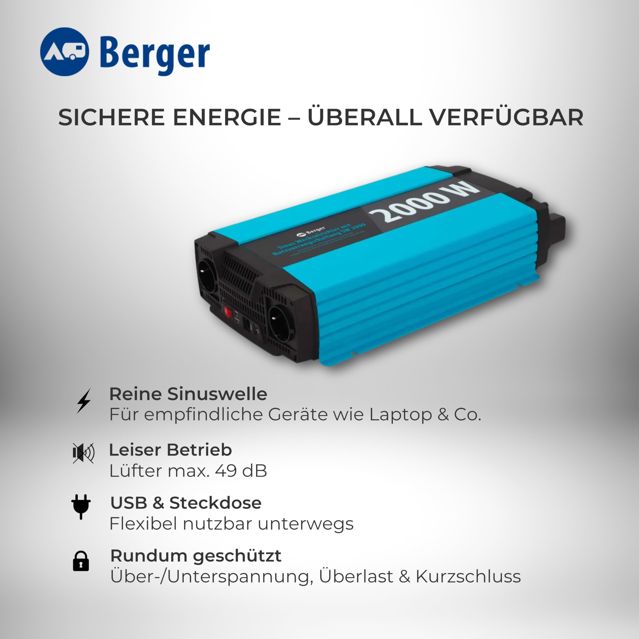 BERGER Sinus Wechselrichter mit Netzvorrangschaltung | 12 V DC auf 230 V AC Spannungswandler | Reine Sinuswelle für empfindliche Geräte | hoher Wirkungsgrad > 90% | Überlastschutz (2000 W)