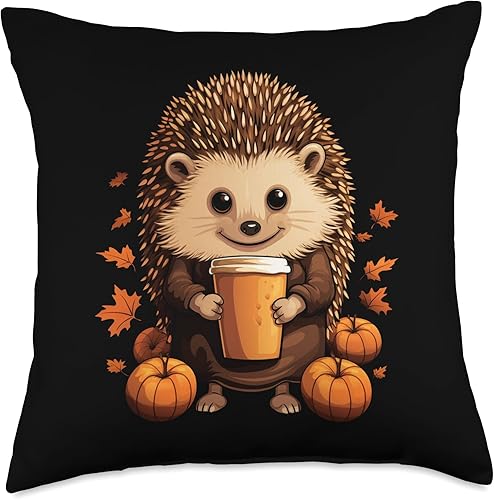 Hedgehog Fall Thanksgiving Halloween Kawaii Hedgehog - Almohada de puercoespín con calabaza y especias, otoño, Halloween, 18 x 18 pulgadas,