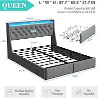 Vista 29 de Base de cama tamaño Queen con 2 cajones de almacenamiento, base de cama con plataforma tamaño Queen con luz LED, cabecera tapizada, estación